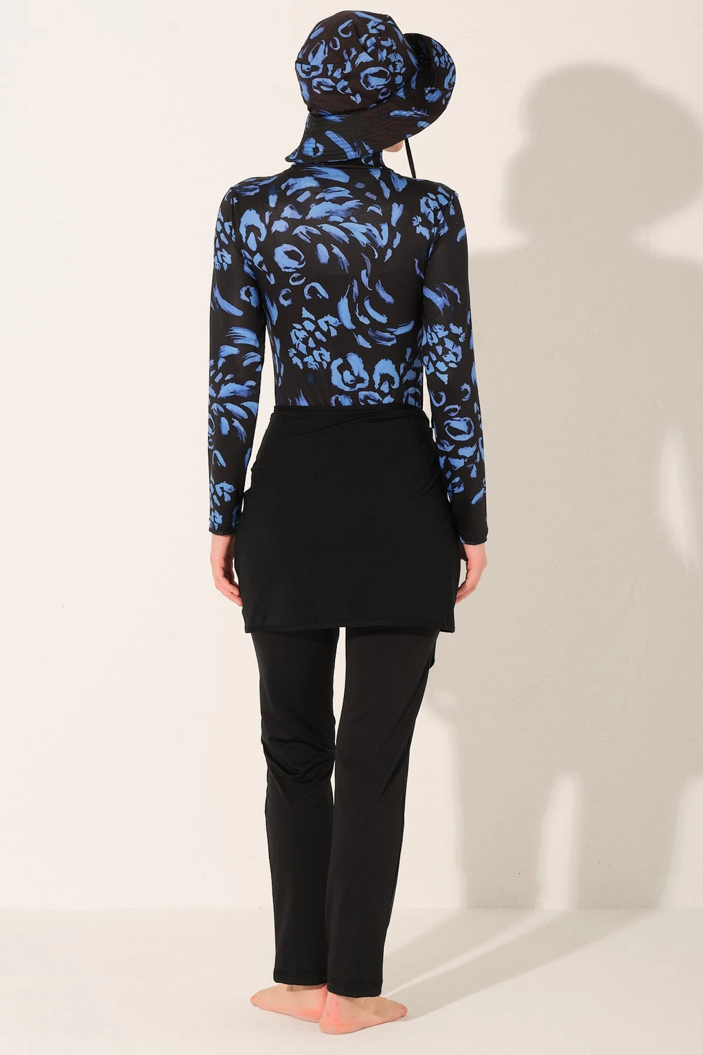 Midnight bloom burkini set, back view showing full coverage.