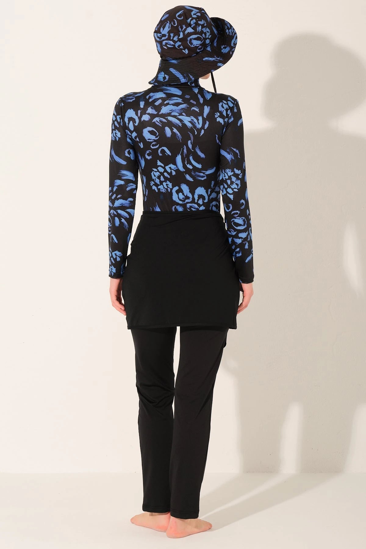 Midnight bloom burkini set, back view showing full coverage.