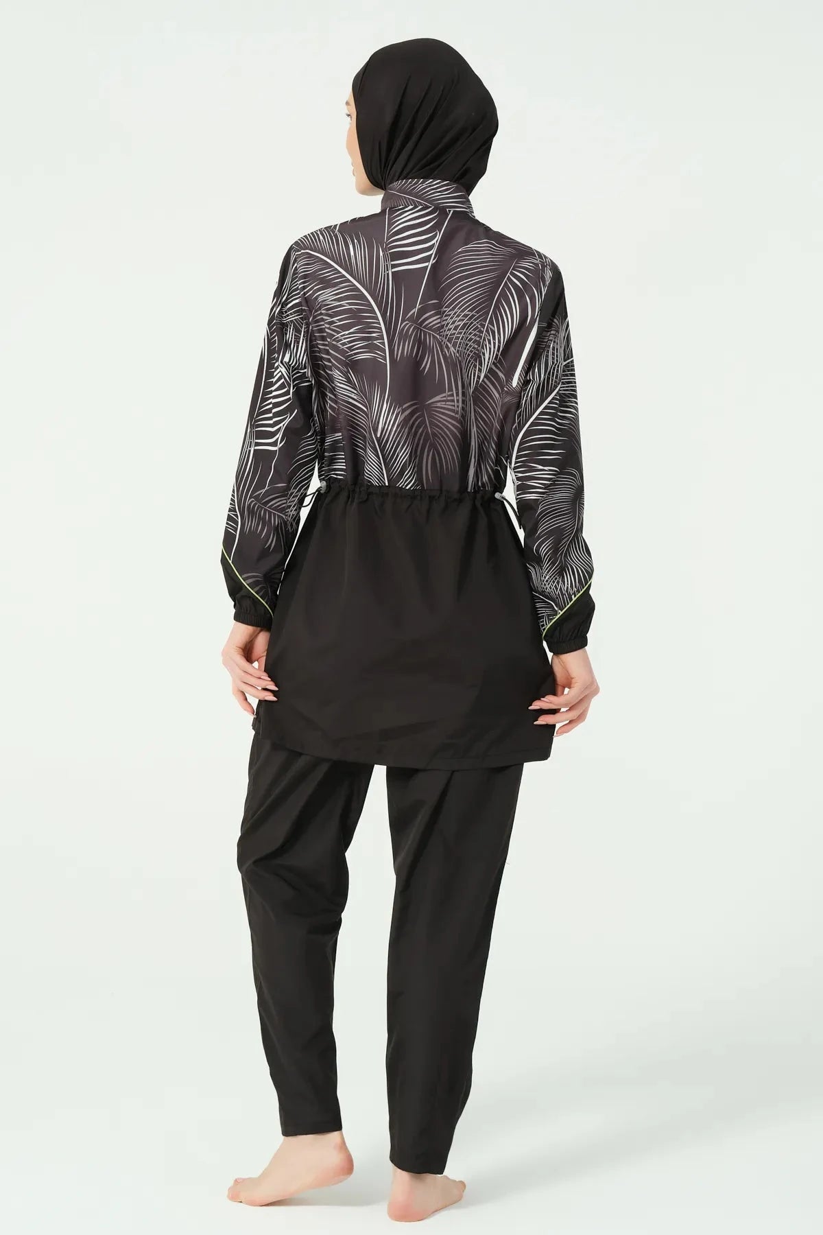 Black burkini set back view showing adjustable side ties.