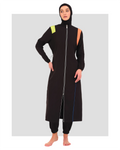 Black burkini with neon shoulder accents and front zipper