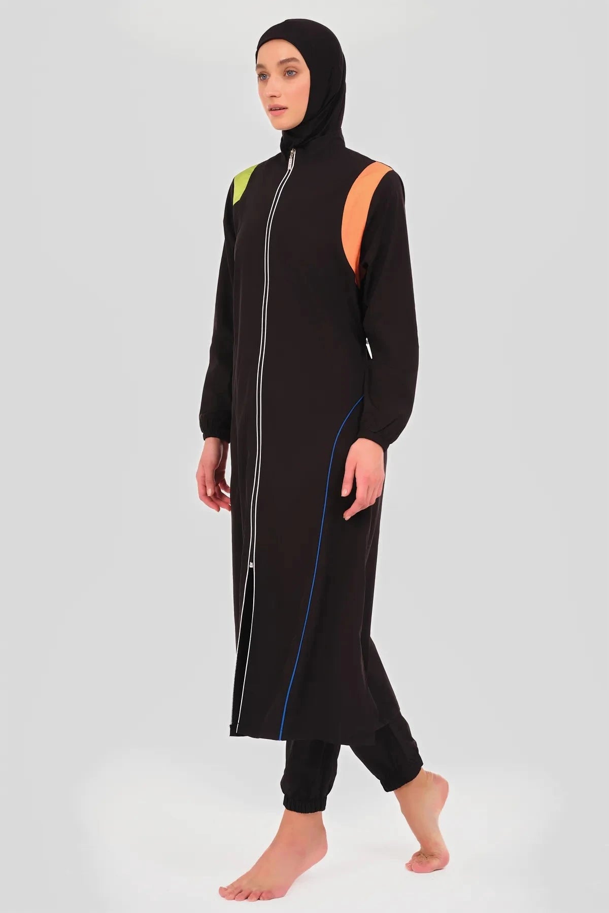 Side view of black burkini with neon accents and zipper