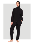 Black burkini set with jogger pants and swim cap, front view.