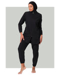 Black burkini set with jogger pants and swim cap, front view.