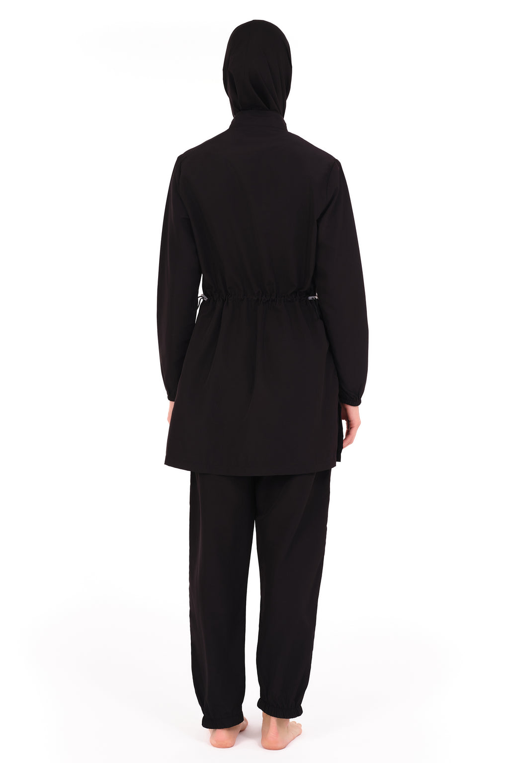 Black burkini set with full-length sleeves and jogger pants, back view.