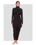 Black sporty burkini with white piping, front view on a plain background.