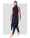 Navy blue burkini with orange sleeves and front zipper, on a white background.