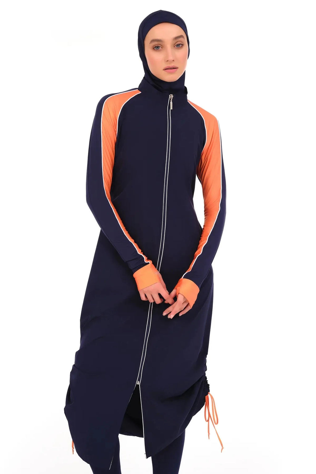 Side view of navy burkini with orange sleeves and front zipper.