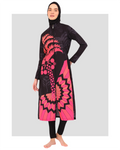 Woman wearing a fuchsia graphic print burkini with a front zipper and hijab.