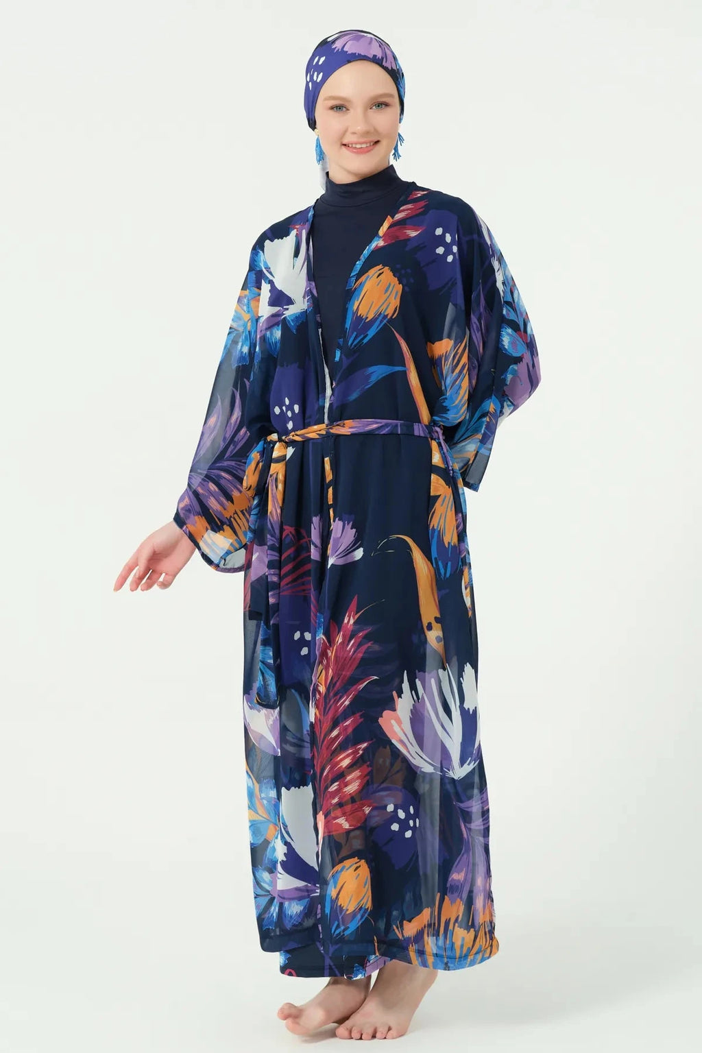 Midnight bloom burkini set with sheer floral kimono, front view.