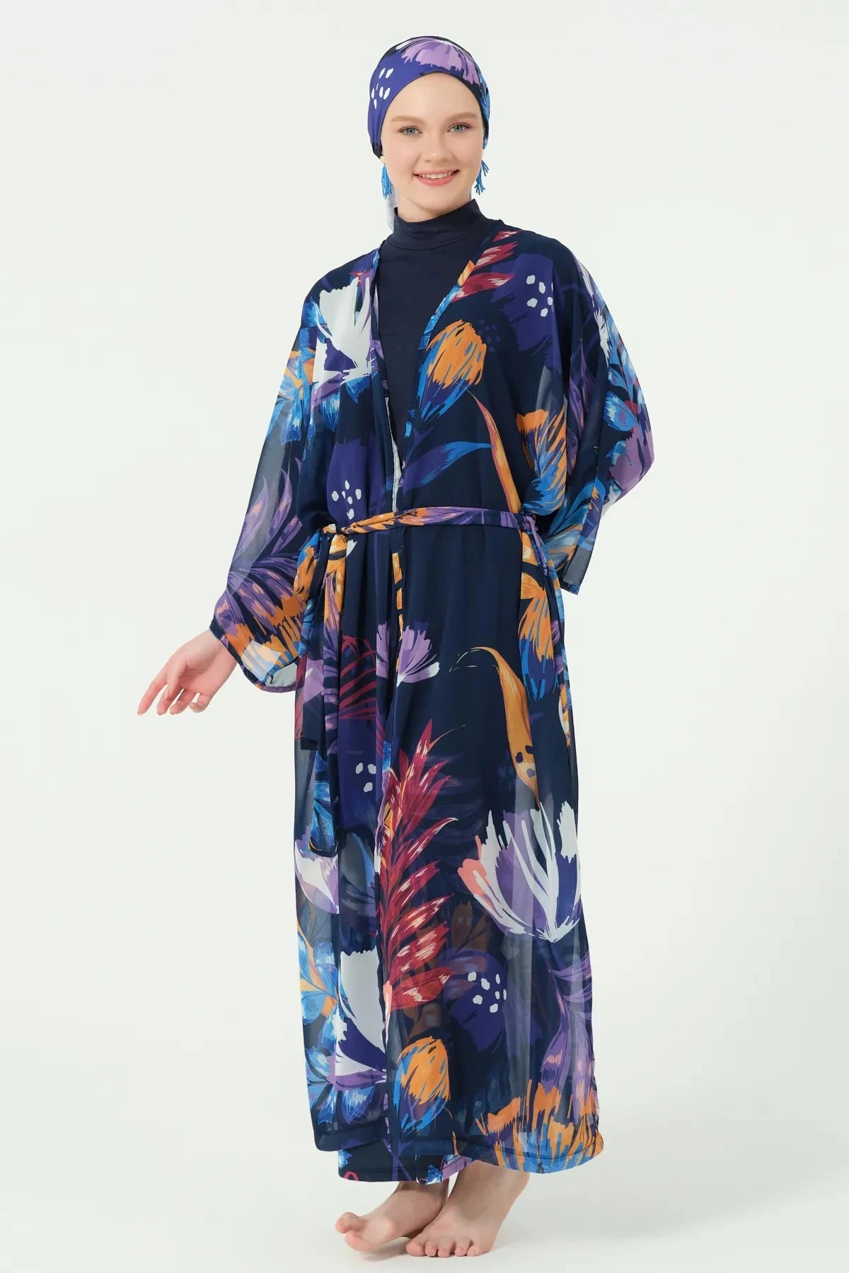 Midnight bloom burkini set with sheer floral kimono, front view.