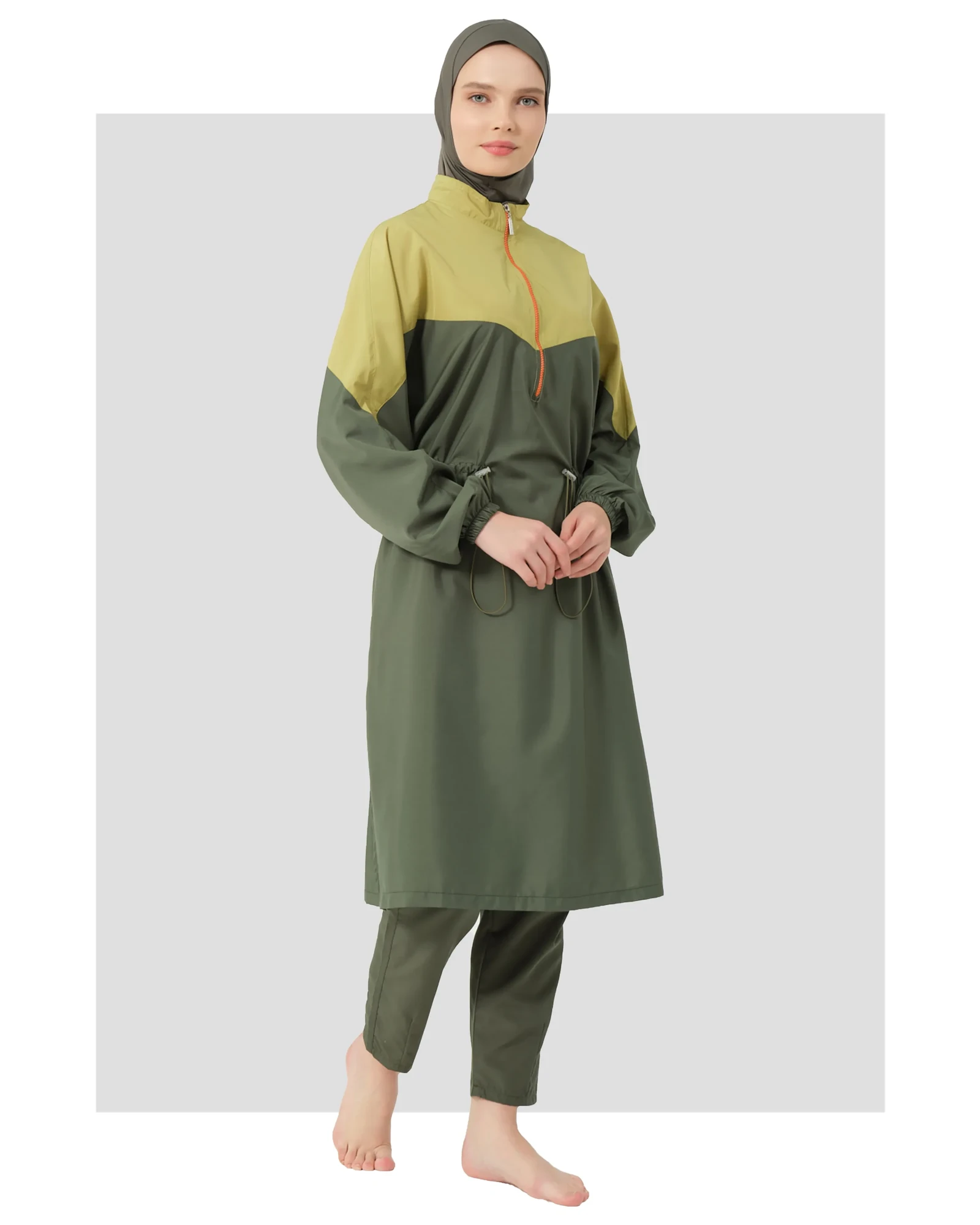 Olive and mustard two-tone burkini set with hijab, front view.