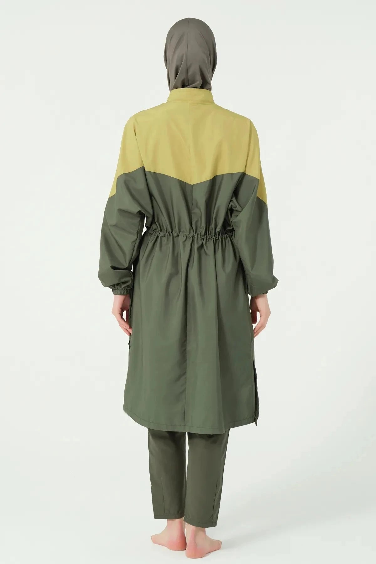 Olive and mustard two-tone burkini set, back view showing drawstring.