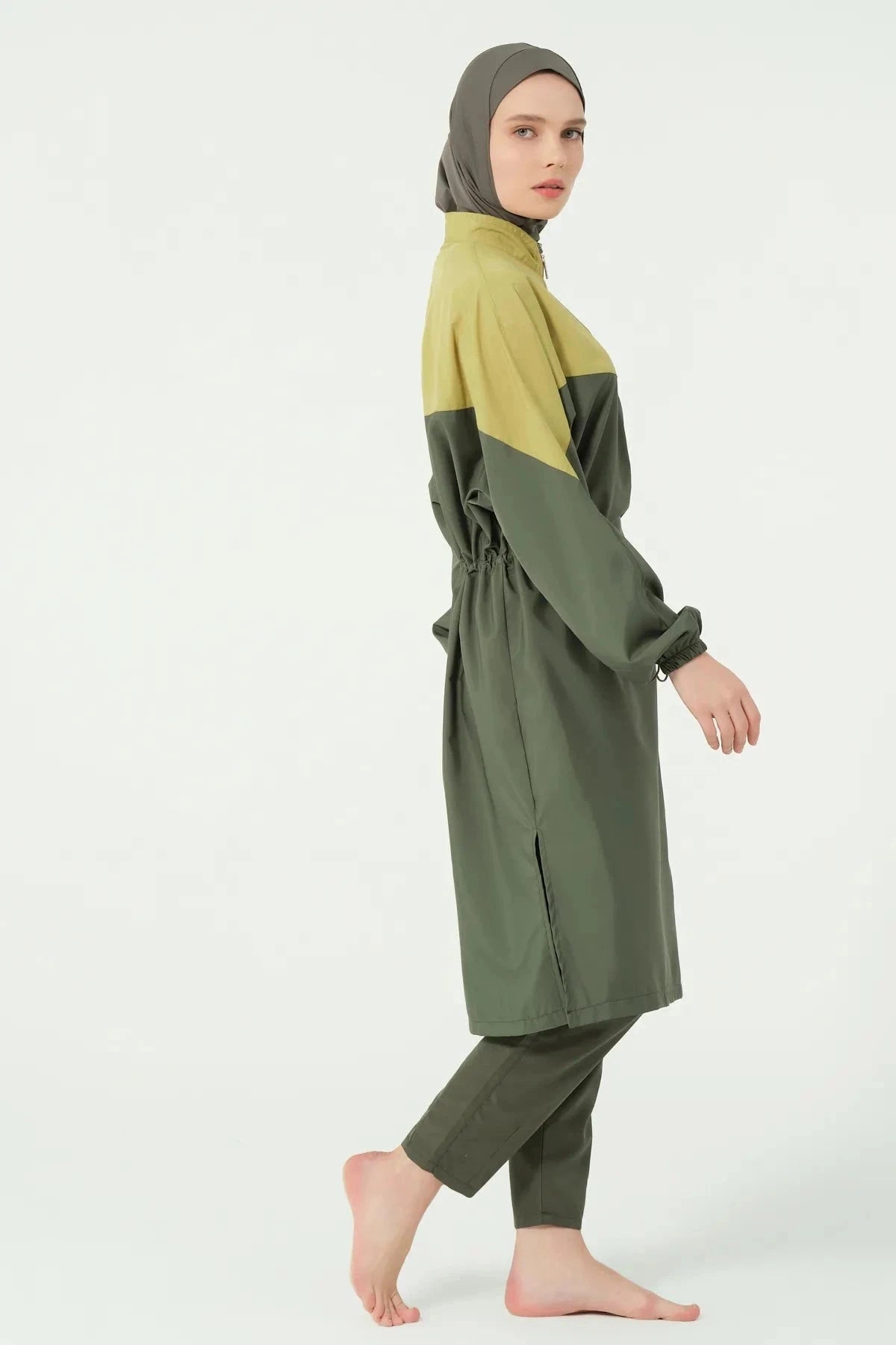 Olive and mustard burkini set, side view showing relaxed fit tunic.