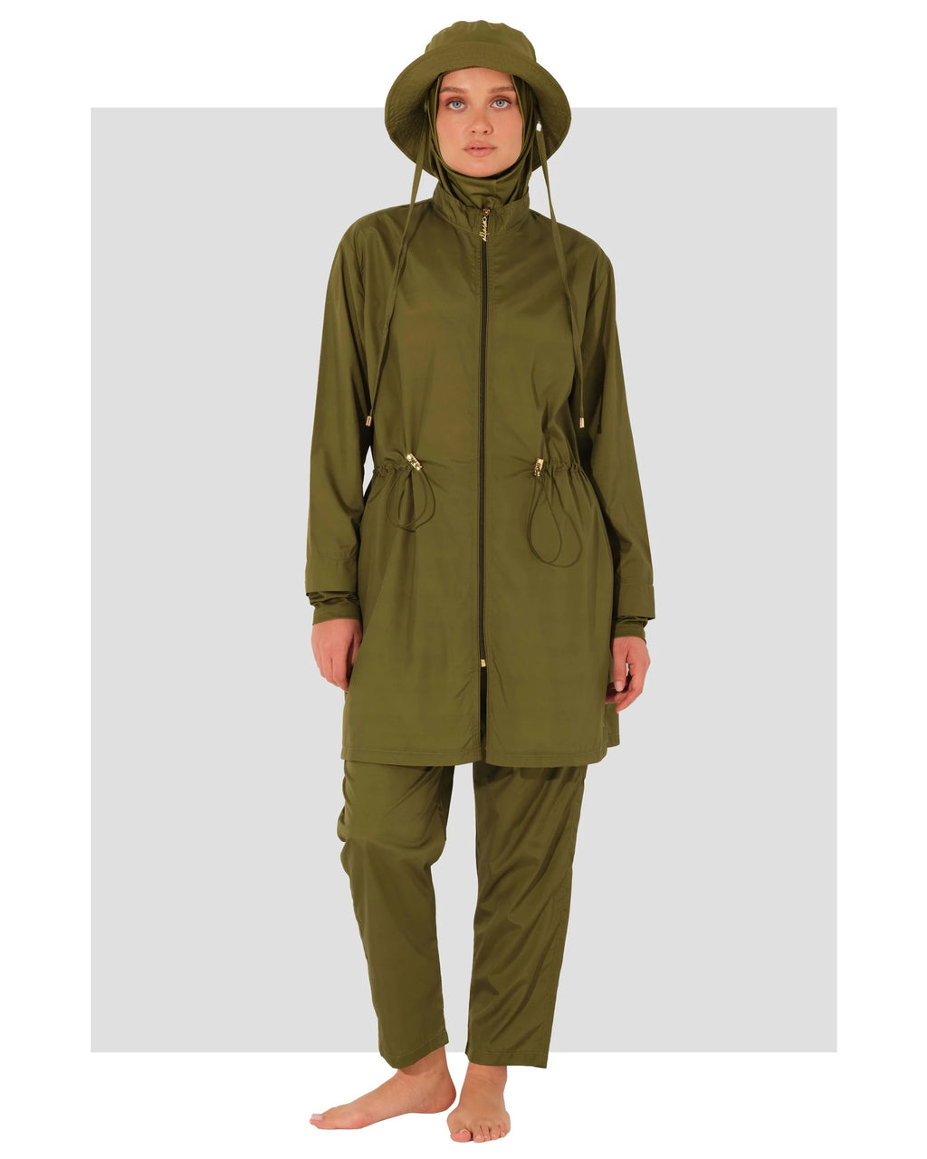 Olive green burkini set with bucket hat style hijab, front view.