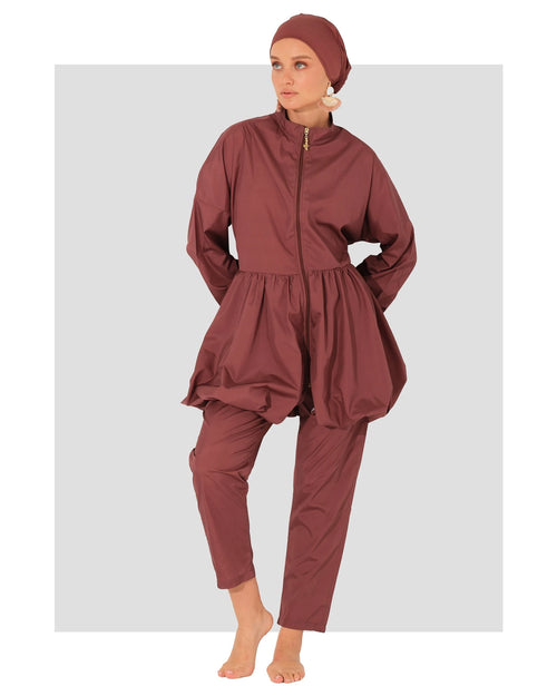 Rosewood burkini set front view on a light grey background.