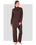 Mocha burkini set front view on model against light background.