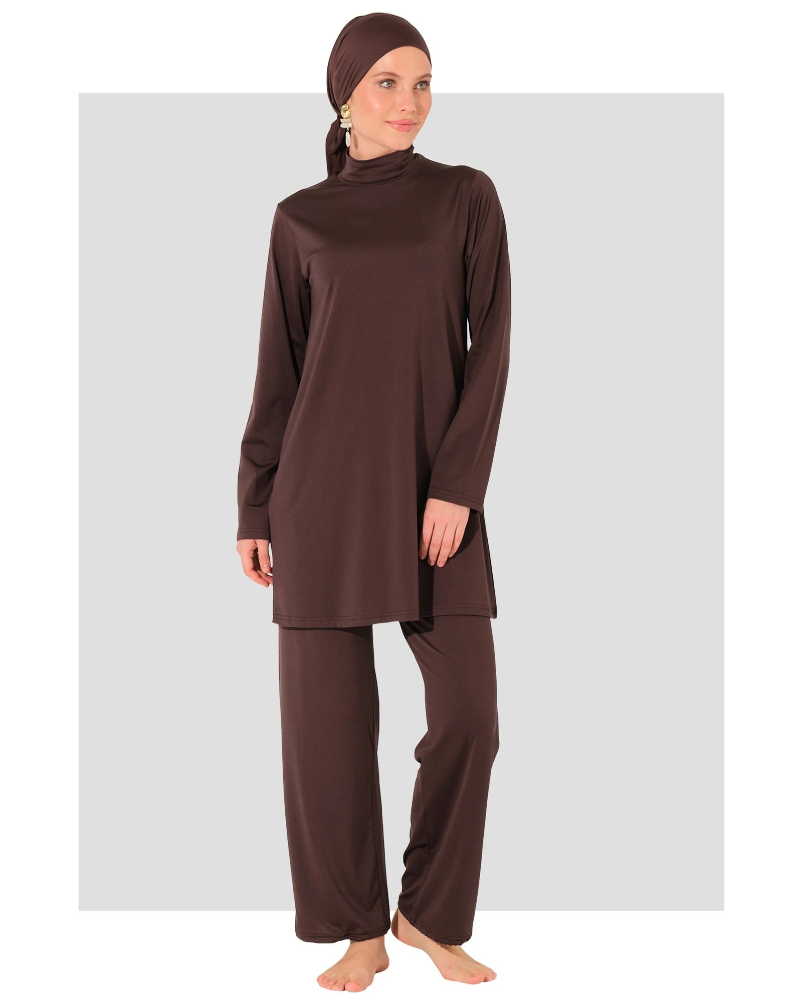 Mocha burkini set front view on model against light background.