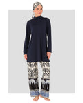 Navy burkini set with patterned swim pants and matching scarf front view.