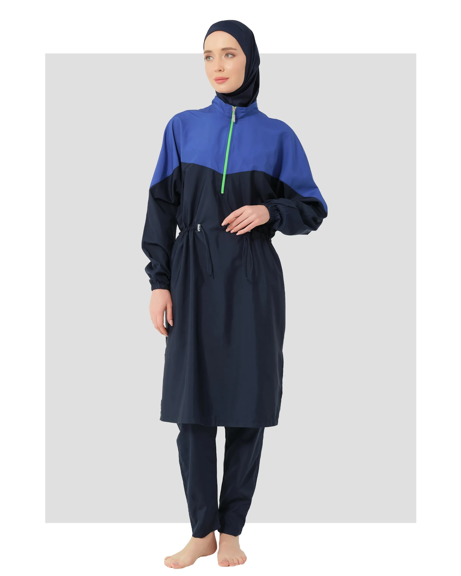 Navy blue and royal blue color-block burkini set with hijab, front view.