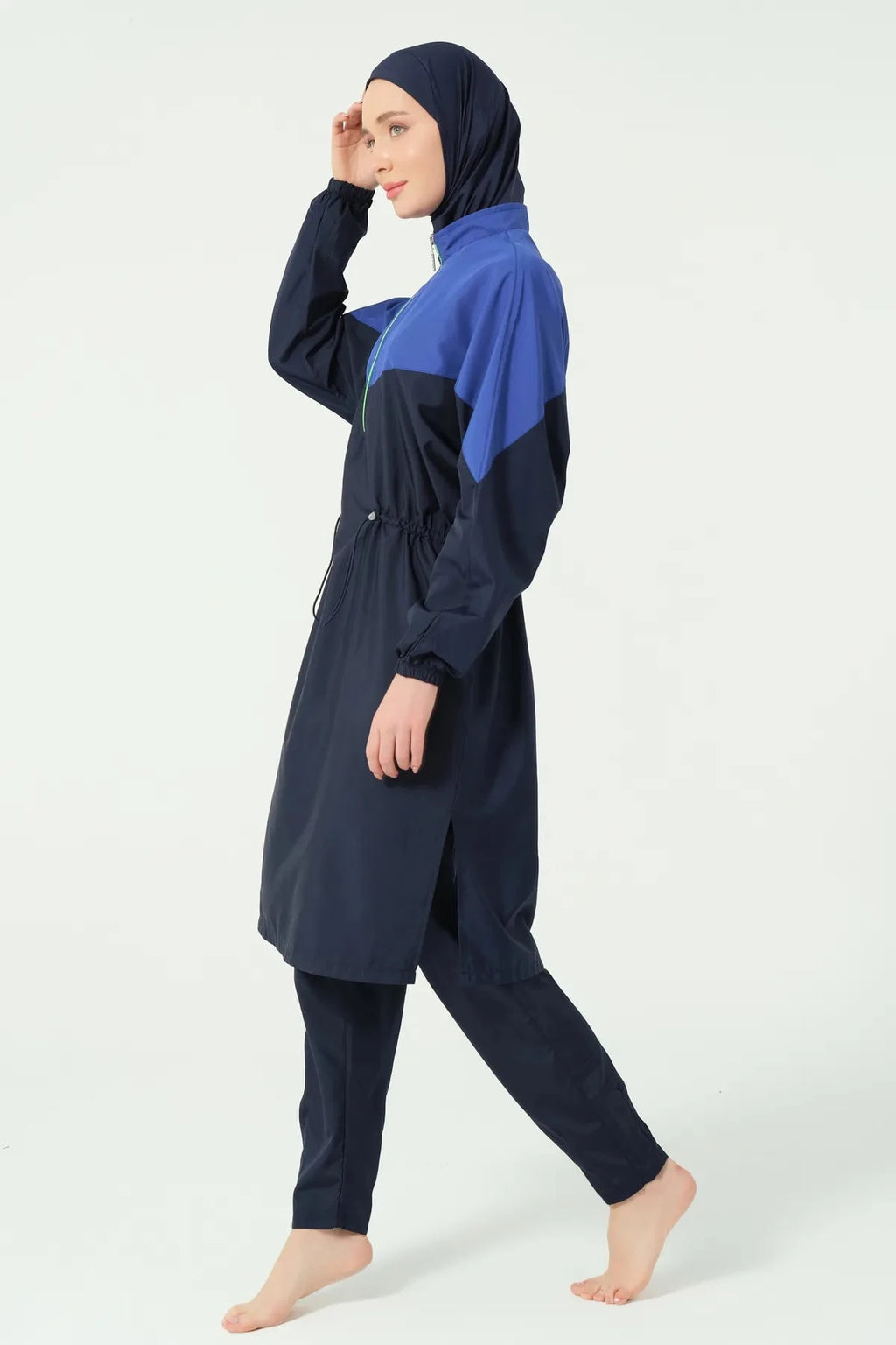 Navy blue and royal blue color-block burkini set, side view showing tunic.