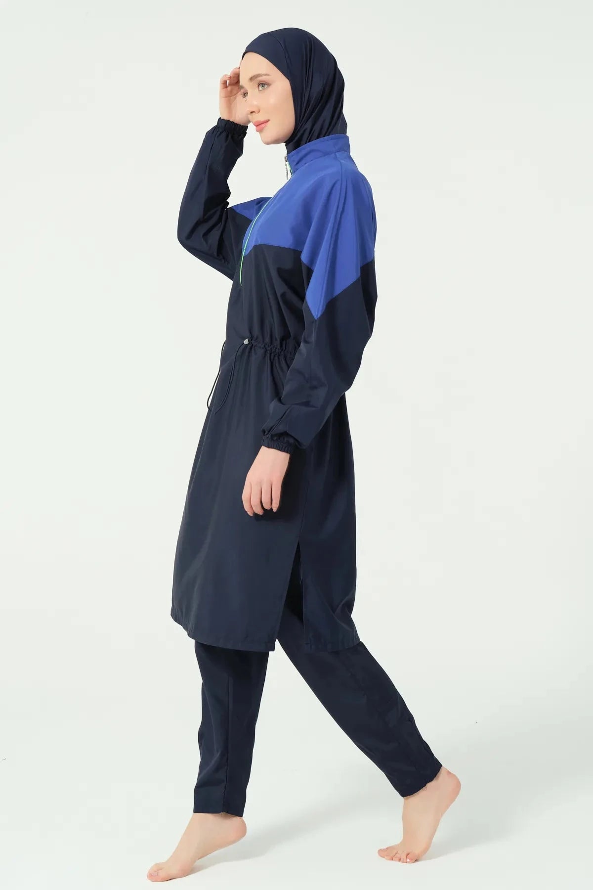 Navy blue and royal blue color-block burkini set, side view showing tunic.