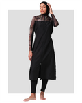 Black burkini with patterned sleeves and front zipper, wearing a hijab.