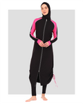 Black burkini with pink sleeves and white piping, front zipper, hijab.