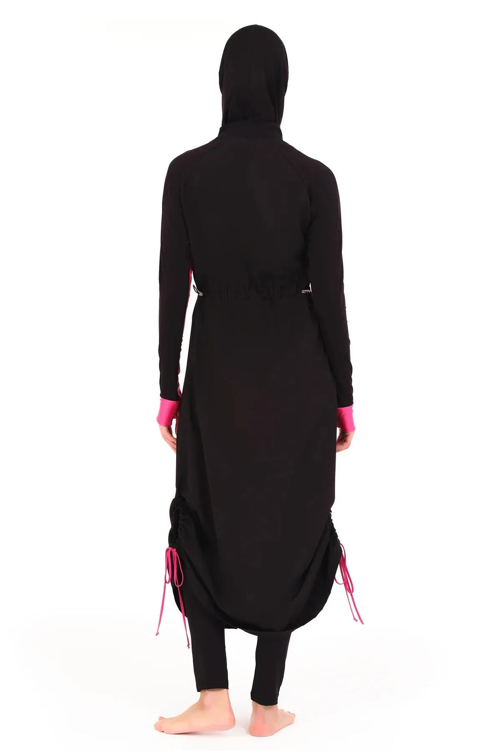 Black burkini with pink sleeves, back view, adjustable drawstring detail.