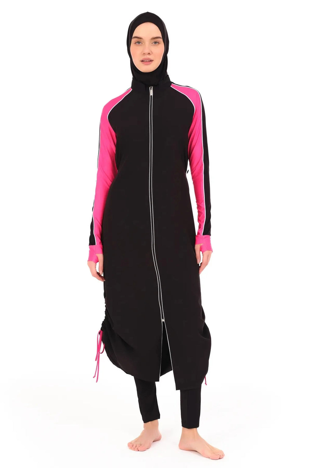 Full front view of black burkini with pink sleeves and white trim.
