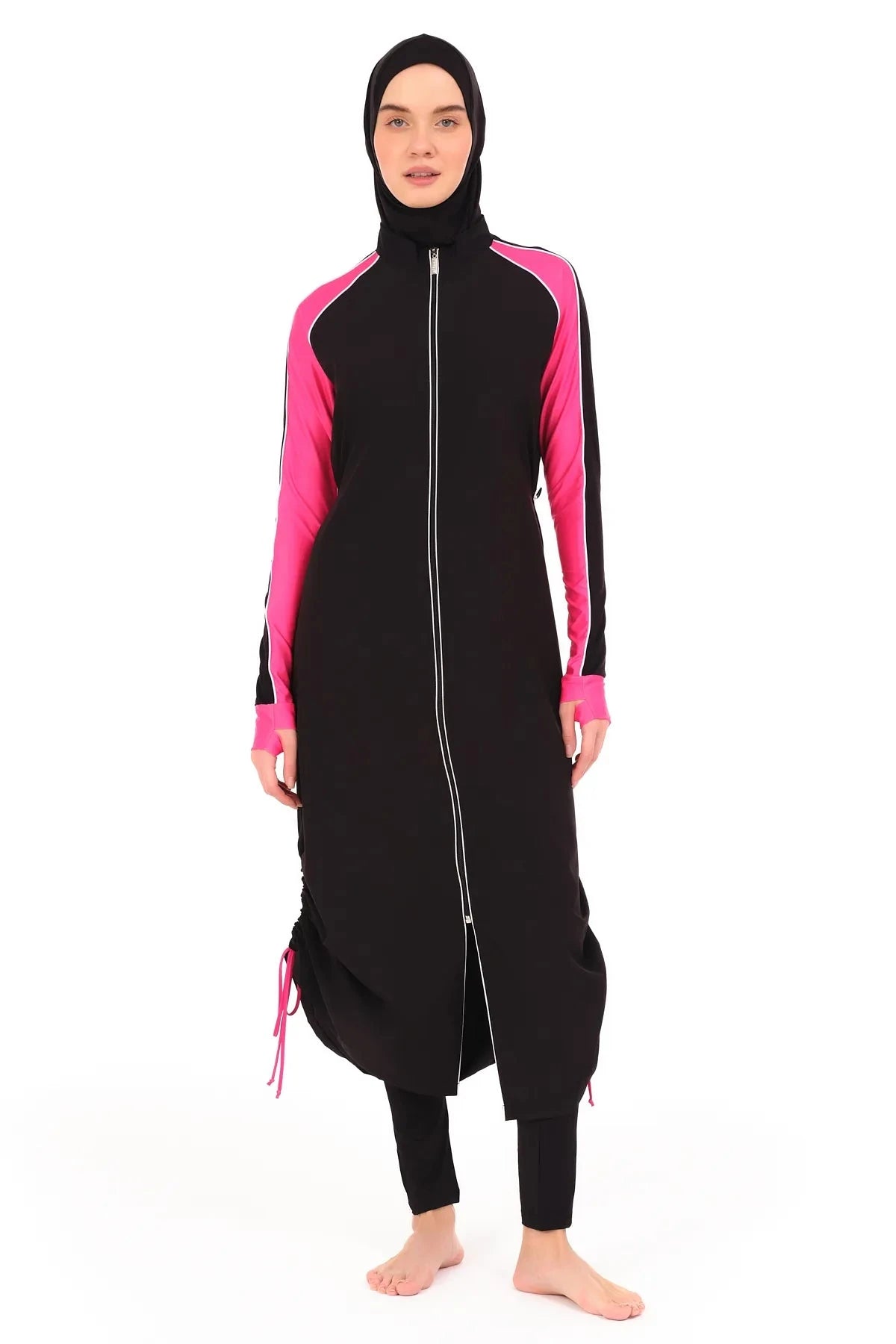 Full front view of black burkini with pink sleeves and white trim.