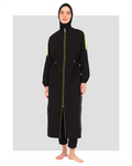 Black burkini jacket with neon green accents and hijab, front view.