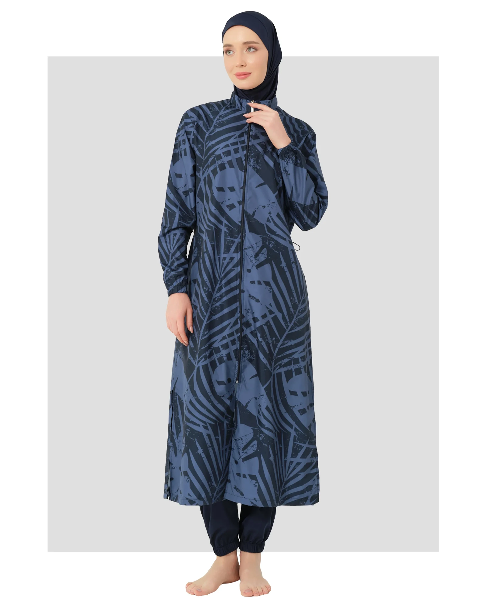 Navy blue and black abstract print burkini with front zipper