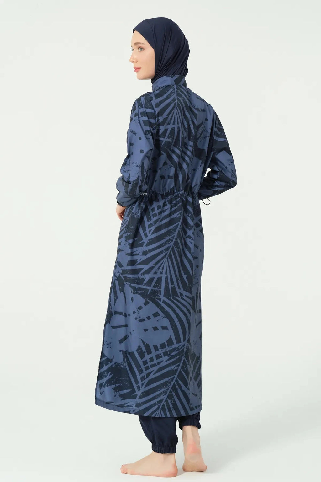 Navy blue and black abstract print burkini back view with drawstring