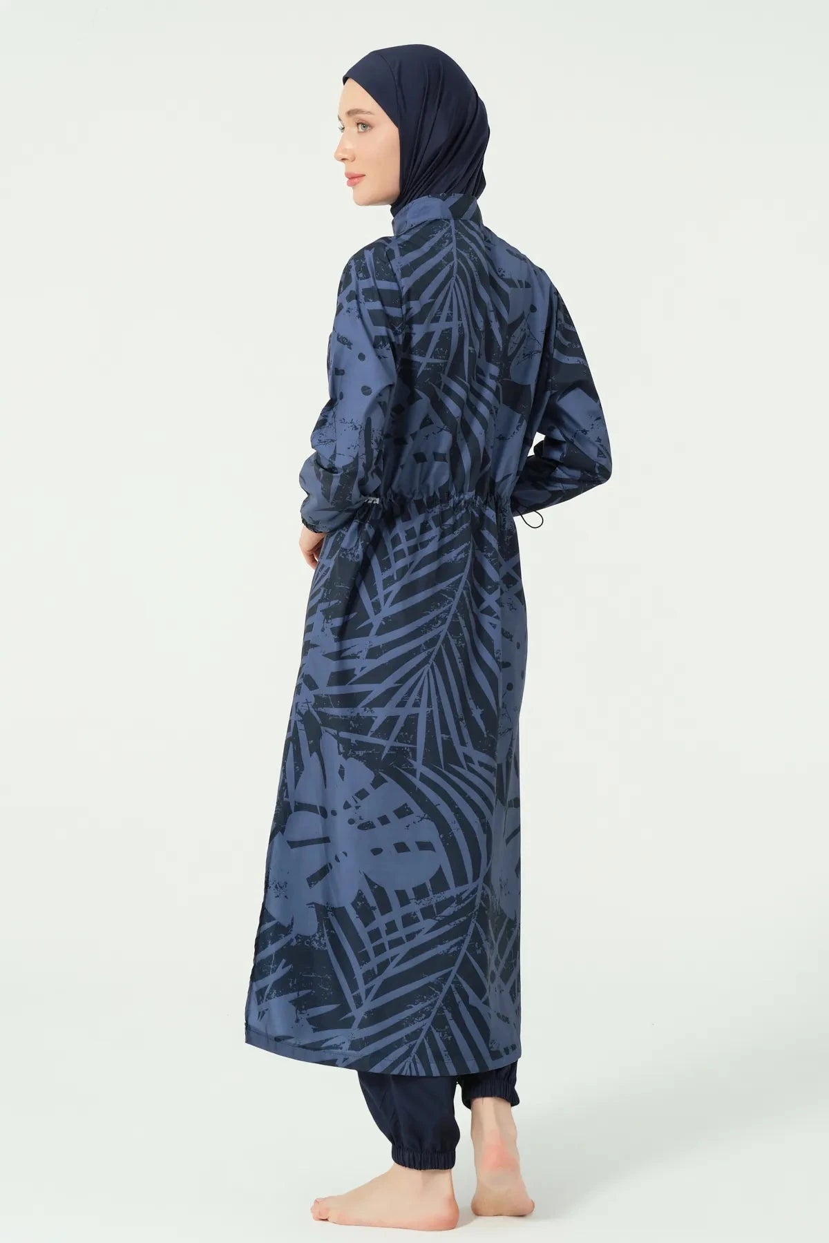 Navy blue and black abstract print burkini back view with drawstring