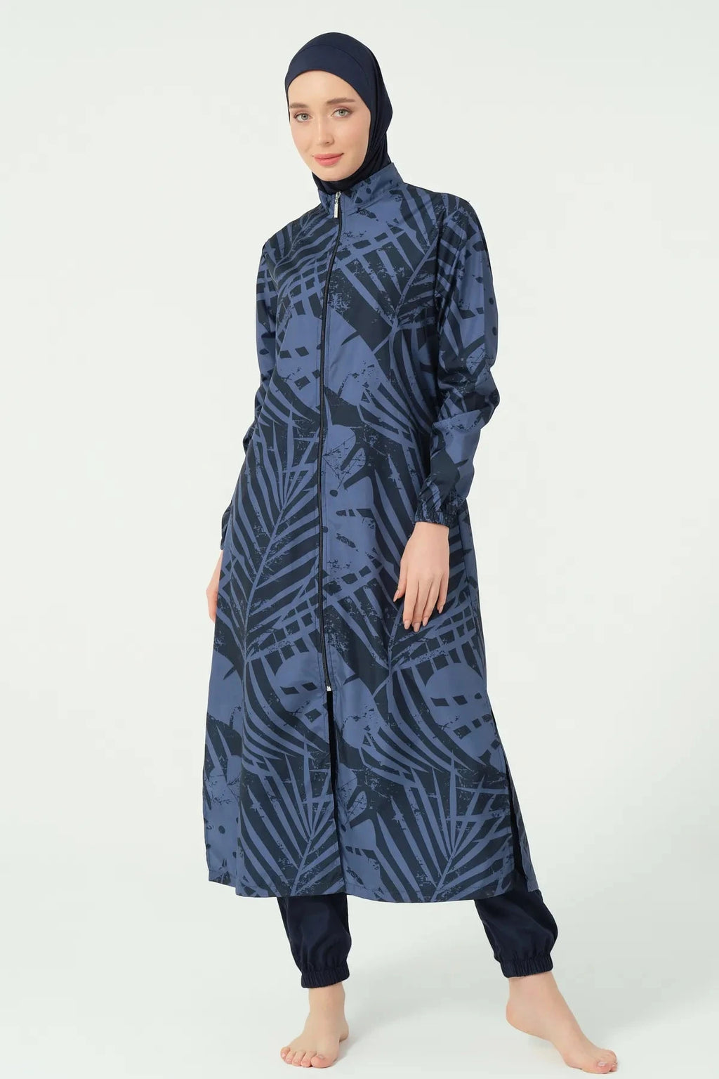 Navy blue and black abstract print burkini tunic, partially unzipped