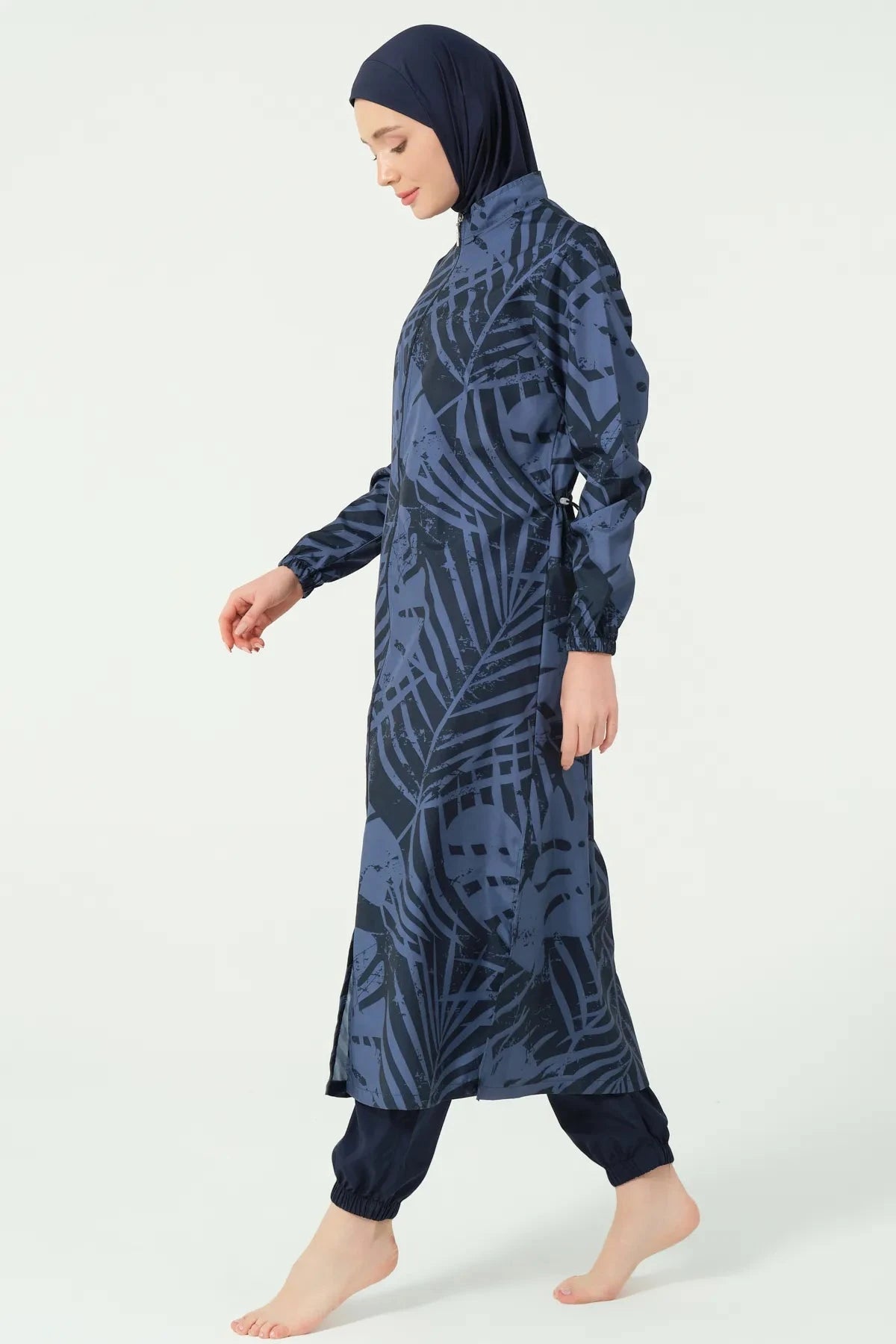 Navy blue and black abstract print burkini side view with drawstring