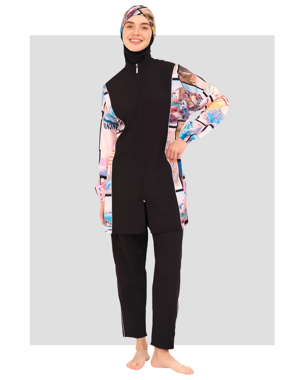 Black burkini with colorful patterned sleeves and hijab, front view.
