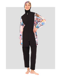 Black burkini with colorful patterned sleeves and hijab, front view.