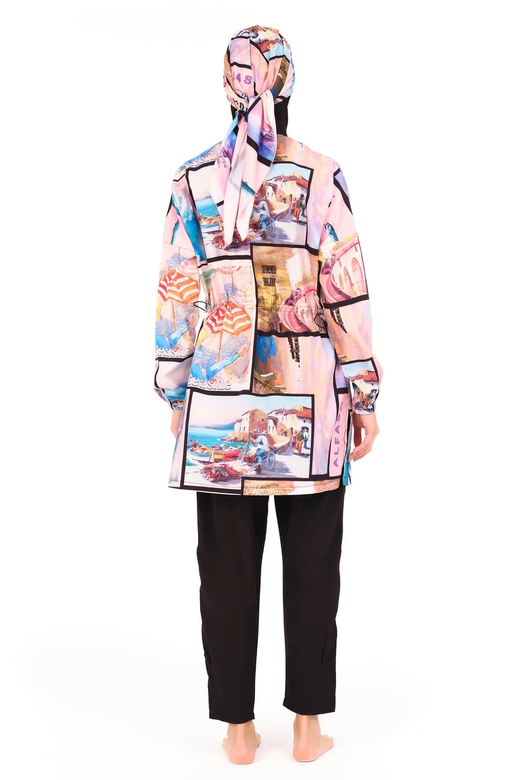 Black burkini with colorful patterned sleeves and hijab, back view.