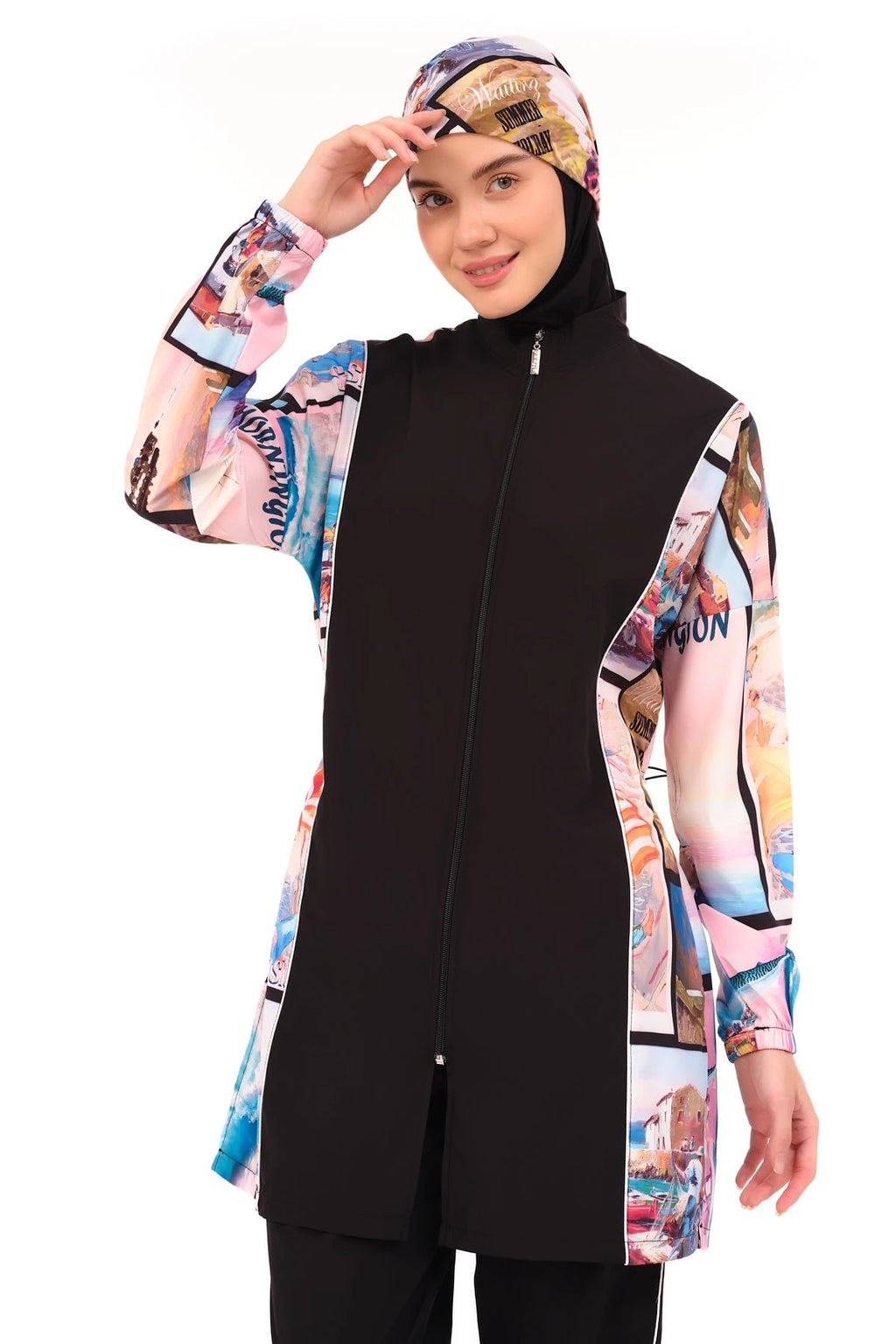 Black burkini with colorful patterned sleeves and hijab, front pose.