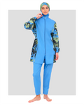 Blue burkini with tropical print sleeves and side panels, front view.