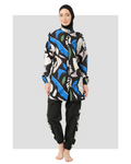 Woman wearing abstract print burkini set with black hijab, front view.