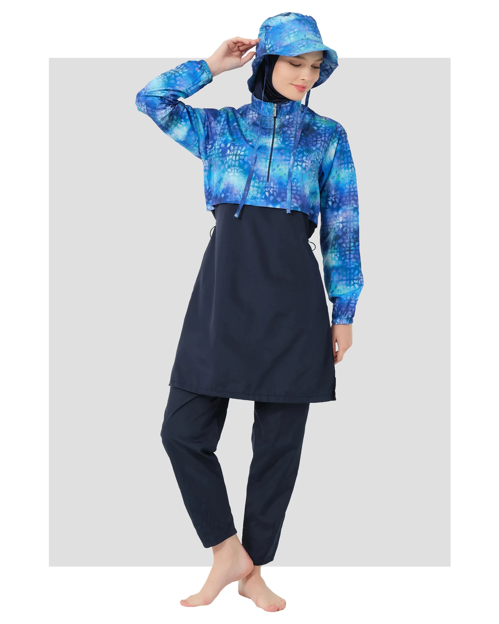 Blue gradient burkini with cropped jacket and navy tunic front view