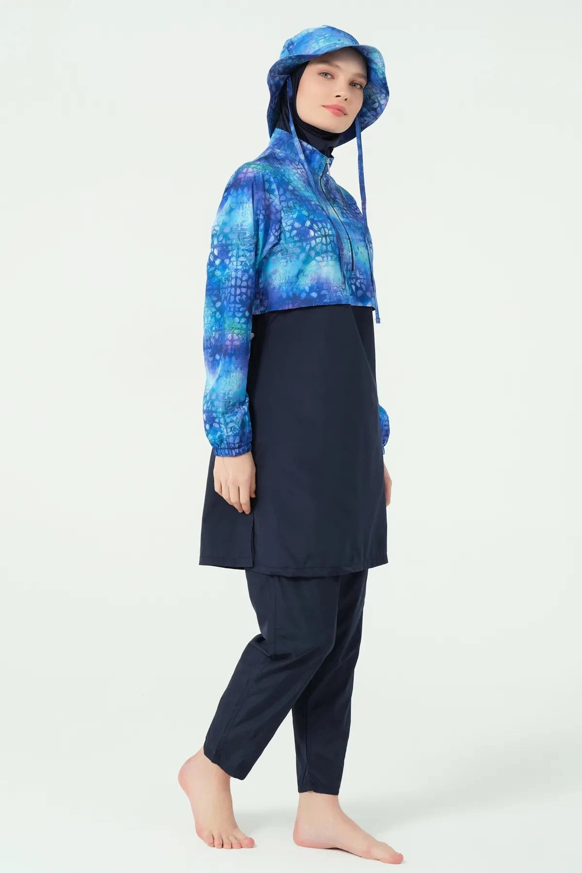 Blue gradient burkini with cropped jacket and navy tunic side view