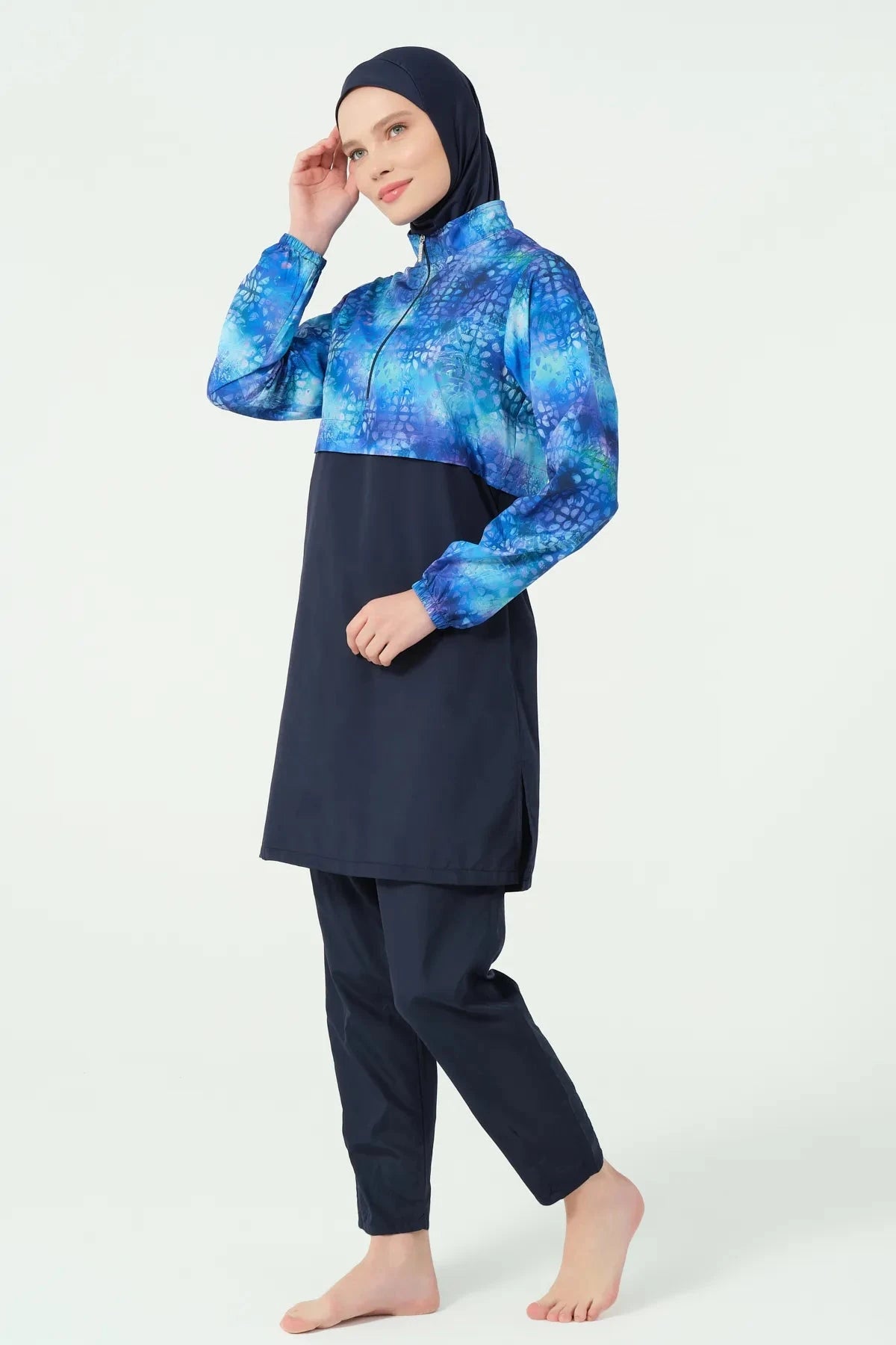 Blue gradient burkini with navy hijab and tunic side view