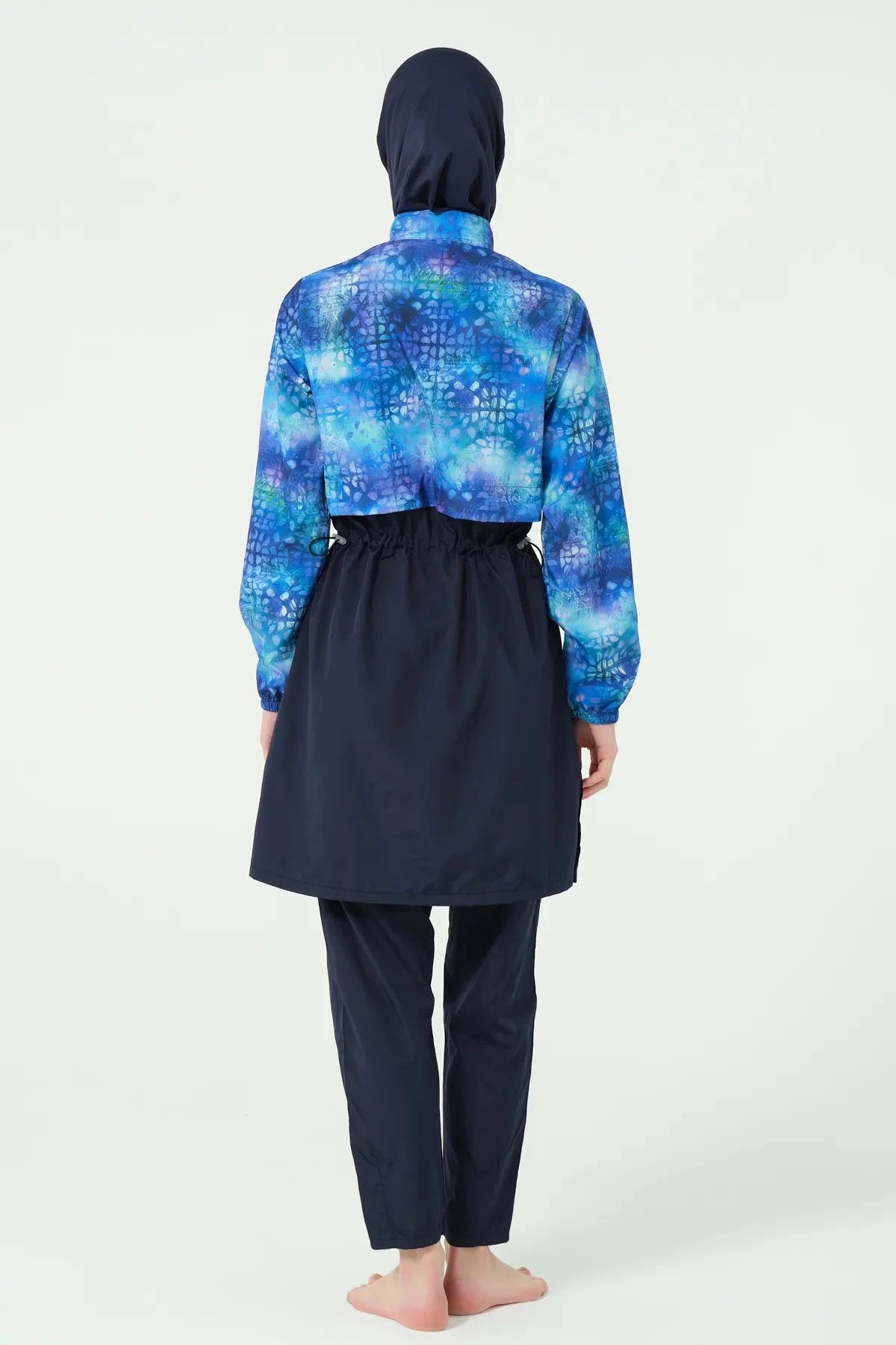 Blue gradient burkini with cropped jacket and navy tunic back view