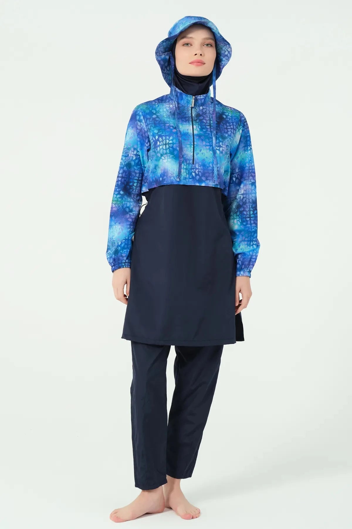 Blue gradient burkini with cropped jacket and matching bucket hat