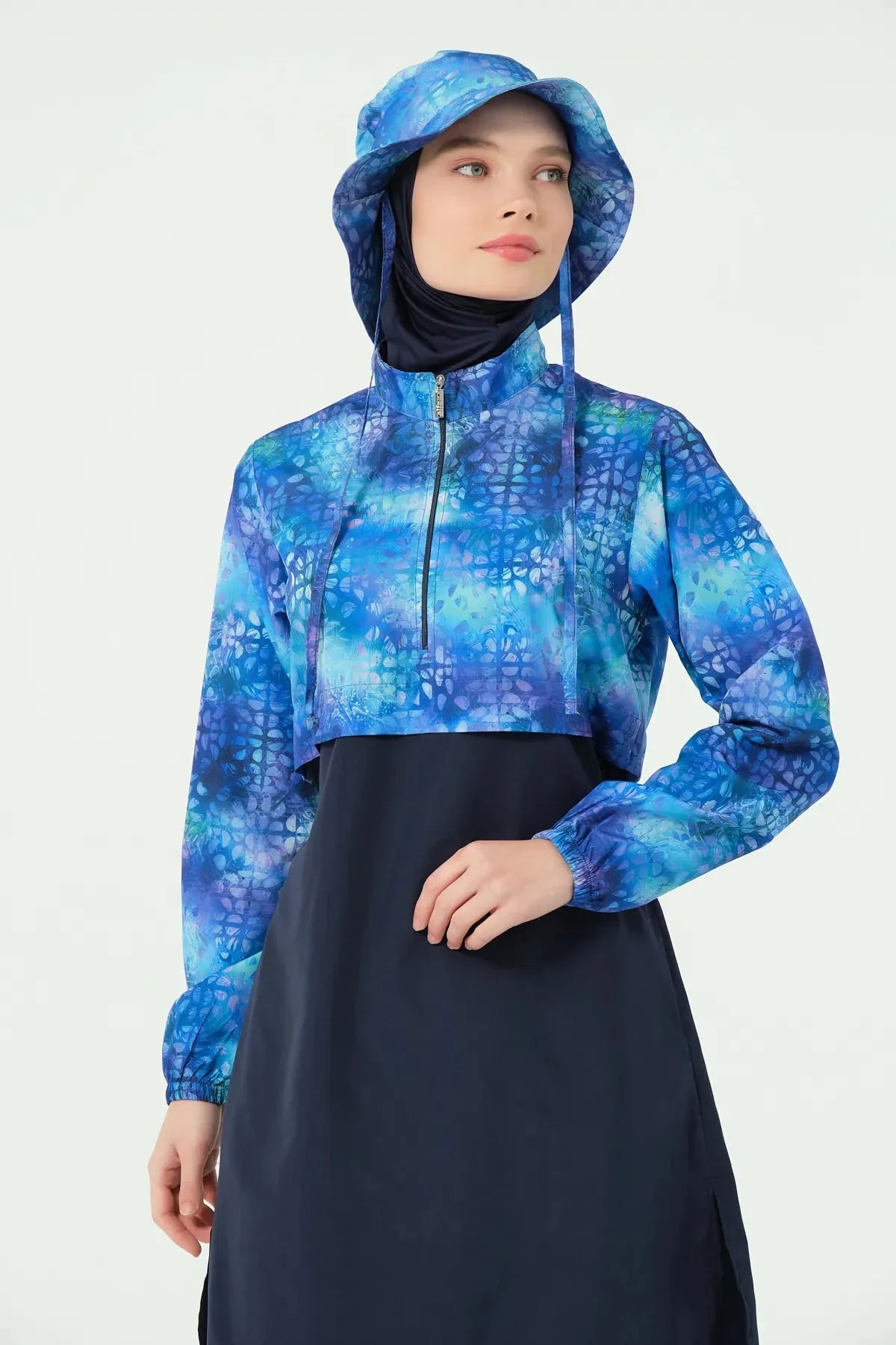 Close up of blue gradient burkini cropped jacket and bucket hat