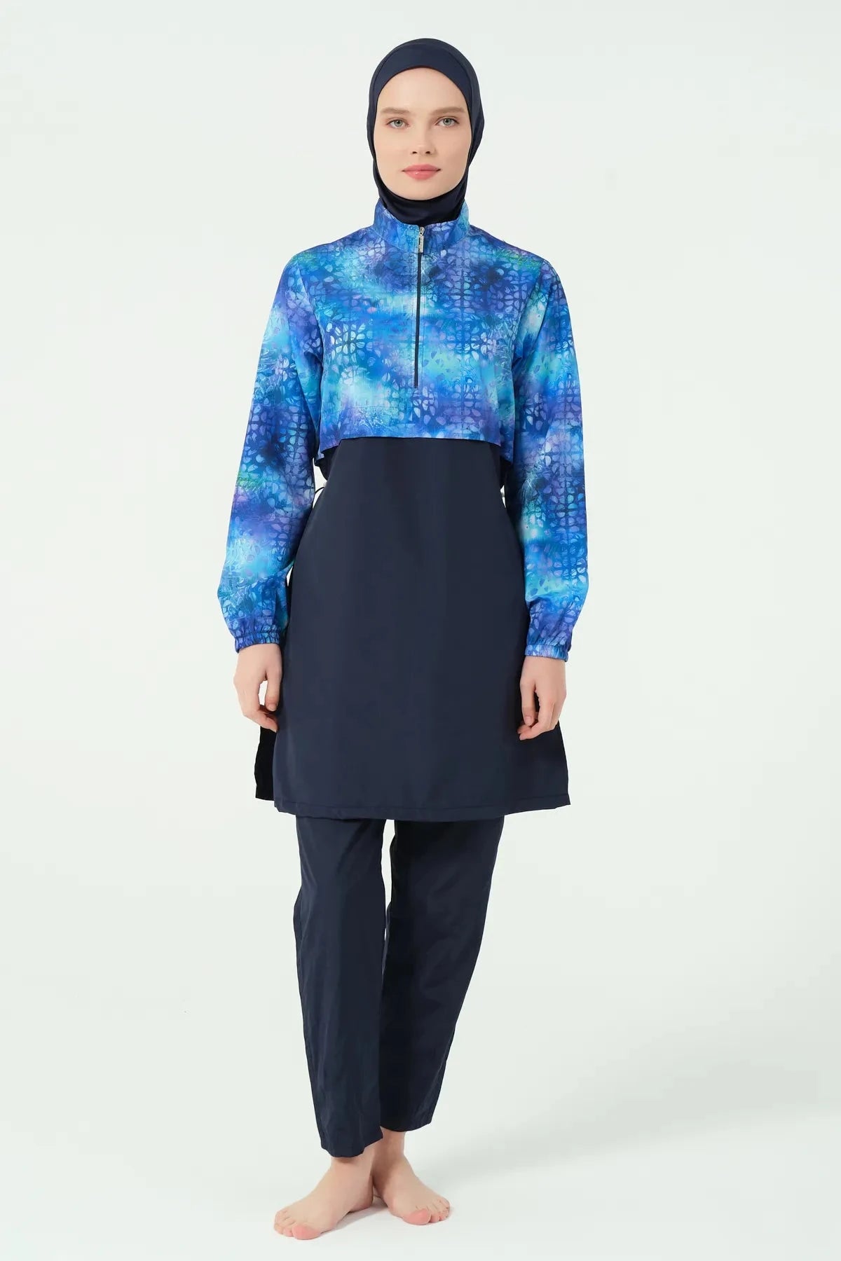 Blue gradient burkini with navy hijab and tunic front view