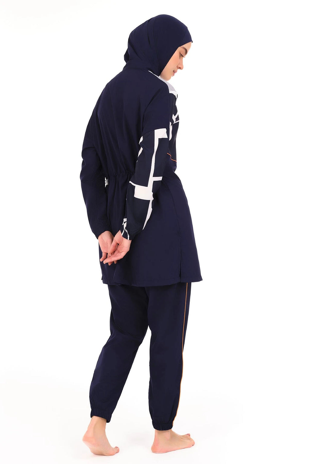 Navy burkini set with geometric print sleeves, back view on white background.